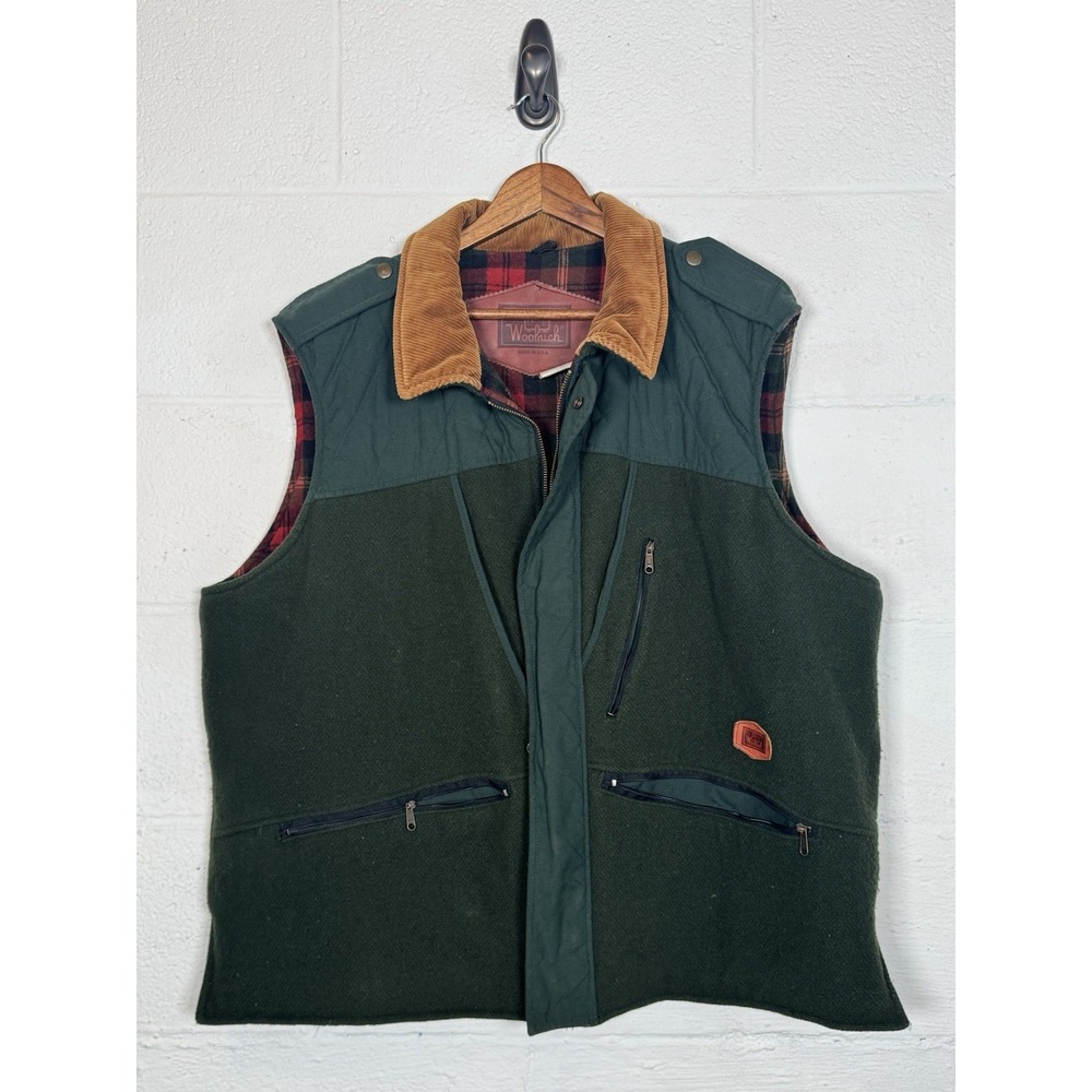 Vtg Woolrich USA Made Wool Chore Hunting‎ Vest Thermolite Green Plaid Corduroy L